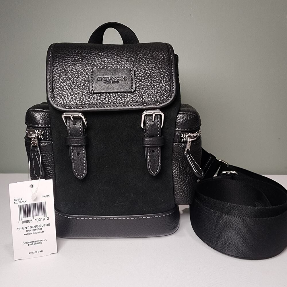 NWT Coach CCE79 Sprint Sling Pack Silver Black Suede, refined pebble leather